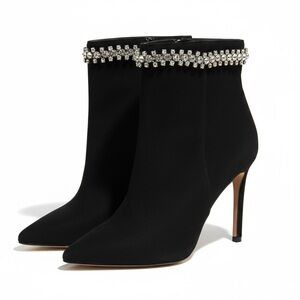 Express Black Faux Suede Ankle Booties Heeled Boots Gemstone Top Pointed Toe